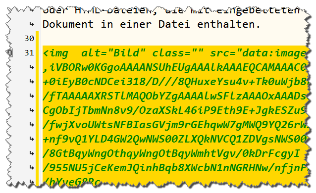 Zeilen im Editor, in denen ein MIME-Codiertes Bild eingefügt ist.