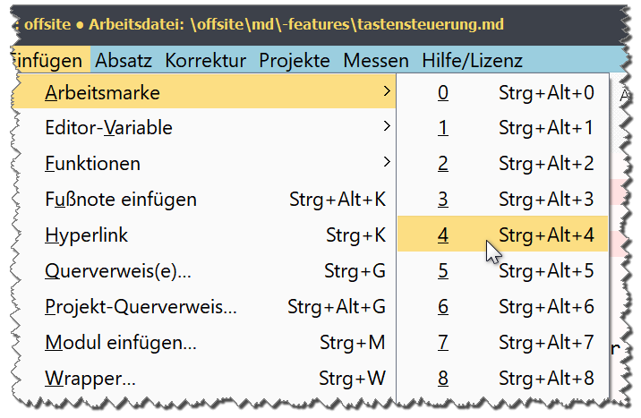 Ausschnitt aus einem Menü, in dem jeder Befehl alternativ per Tastenbefehl erreichbar ist.