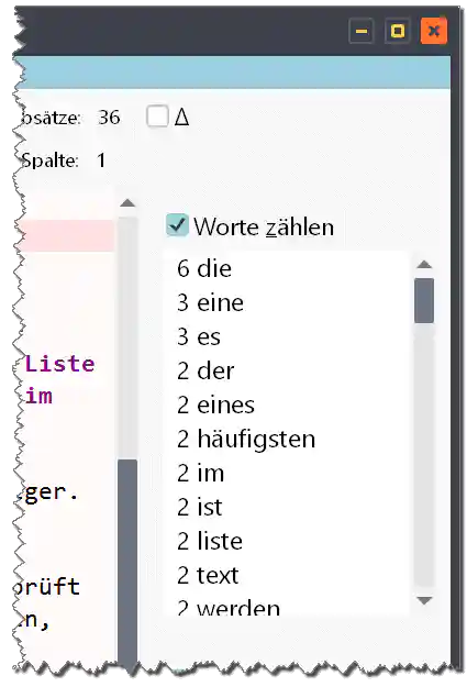 Ausschnitt aus der Wortzählung eines Dokuments, bei der die häufigsten Worte die Liste anführen.